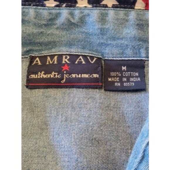 Vintage American Flag Denim Shirt Size Medium Fringe Trim Patriotic - Picture 12 of 12